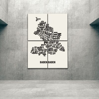 Buchstabenort Baden-Baden Schwarz auf Naturweiß - 140x200cm-als-4-teiliger-keilrahmen