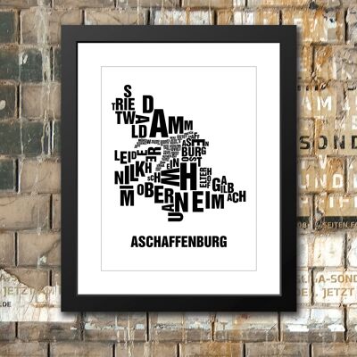 Place of letters Aschaffenburg Black on natural white - 40x50 passepartout framed