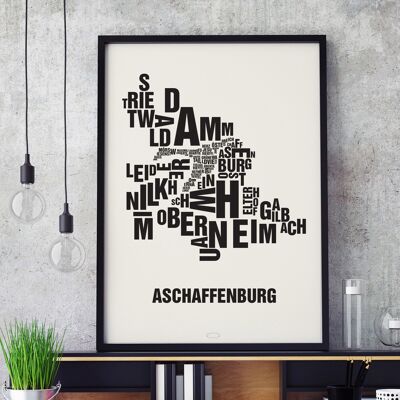 Lugar de las letras Aschaffenburg Negro sobre blanco natural - 50x70cm-serigrafiado-enmarcado