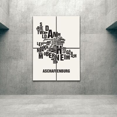 Buchstabenort Aschaffenburg Schwarz auf Naturweiß - 140x200cm-als-4-teiliger-keilrahmen