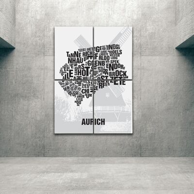 Buchstabenort Aurich Stiftsmühle - 140x200cm-als-4-teiliger-keilrahmen