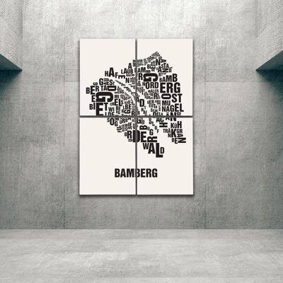 Buchstabenort Bamberg Schwarz auf Naturweiß - 140x200cm-als-4-teiliger-keilrahmen