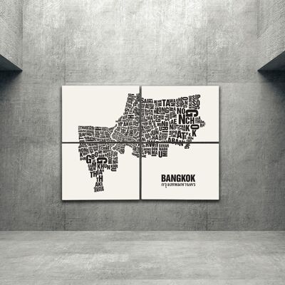 Buchstabenort Bangkok Schwarz auf Naturweiß - 140x200cm-als-4-teiliger-keilrahmen