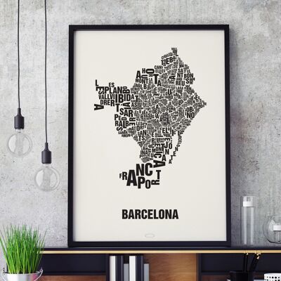 Lugar de las letras Barcelona Negro sobre blanco natural - 50x70cm-serigrafiado-enmarcado
