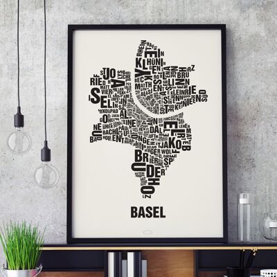 Place of letters Basel black on natural white - 50x70cm-silkscreen-framed