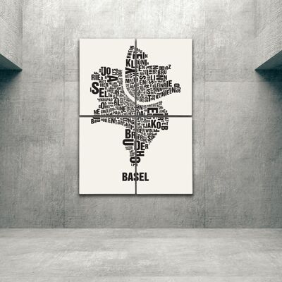 Buchstabenort Basel Schwarz auf Naturweiß - 140x200cm-als-4-teiliger-keilrahmen