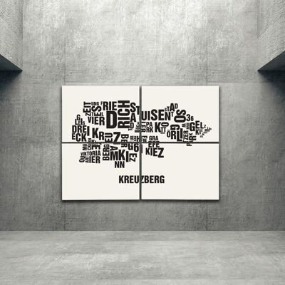 Buchstabenort Berlin Kreuzberg Schwarz auf Naturweiß - 140x200cm-als-4-teiliger-keilrahmen