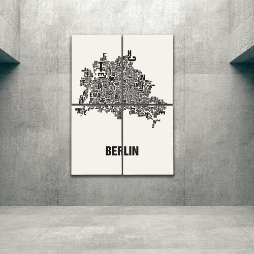 Buchstabenort Berlin Schwarz auf Naturweiß - 140x200cm-als-4-teiliger-keilrahmen
