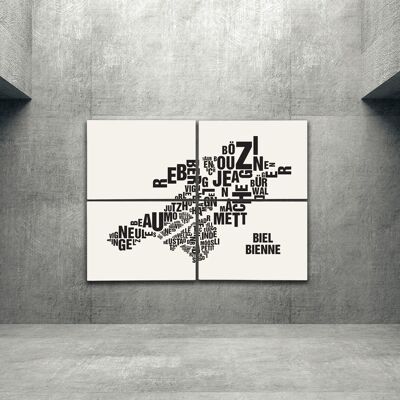 Lugar de letras Biel/Bienne negro sobre blanco natural - 140x200cm-en-camilla en 4 partes