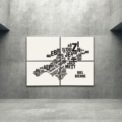 Buchstabenort Biel/Bienne Schwarz auf Naturweiß - 140x200cm-als-4-teiliger-keilrahmen