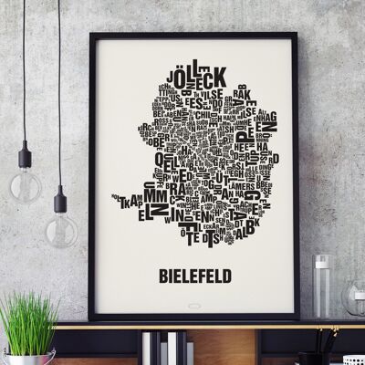 Luogo delle lettere Bielefeld nero su bianco naturale - 50x70cm-serigrafato-incorniciato