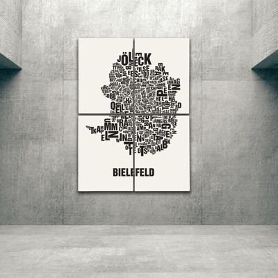 Place of letters Bielefeld black on natural white - 140x200cm-as-4-part-stretcher