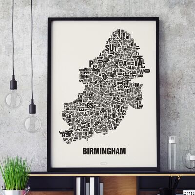 Luogo delle lettere Birmingham Nero su bianco naturale - 50x70cm-serigrafato-incorniciato