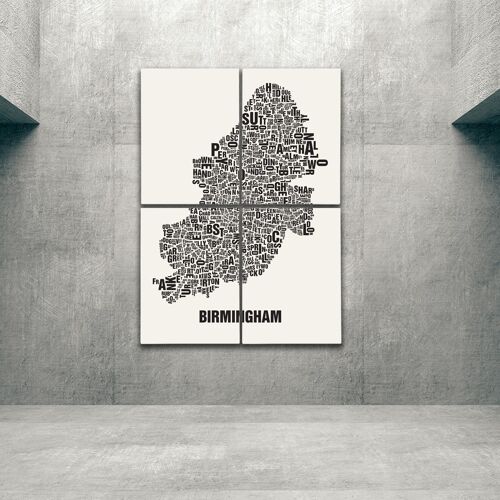 Buchstabenort Birmingham Schwarz auf Naturweiß - 140x200cm-als-4-teiliger-keilrahmen