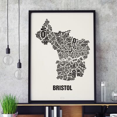Buchstabenort Bristol Schwarz auf Naturweiß - 50x70cm-siebdruck-gerahmt