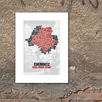 Buchstabenort Chemnitz Karl-Marx-Stadt Nischel vor Parteisäge - 30x40cm-passepartout