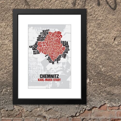 Buchstabenort Chemnitz Karl-Marx-Stadt Nischel vor Parteisäge - 30x40cm-passepartout-gerahmt