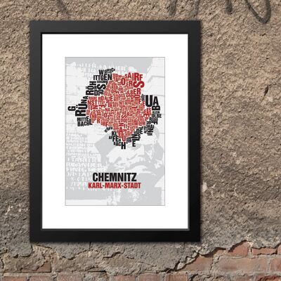 Place of letters Chemnitz Karl-Marx-Stadt Nischel in front of party saw - 30x40cm-passepartout-framed