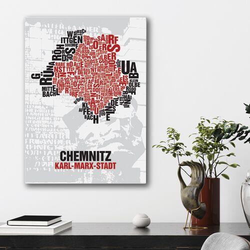 Buchstabenort Chemnitz Karl-Marx-Stadt Nischel vor Parteisäge - 50x70cm-leinwand-auf-keilrahmen