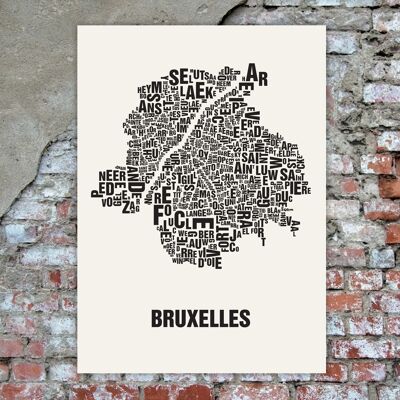 Place des lettres Bruxelles Bruxelles noir sur blanc naturel - 50x70cm-sérigraphie-fait-main