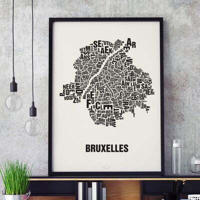 Place des lettres Bruxelles Bruxelles noir sur blanc naturel - 50x70cm-sérigraphié-encadré