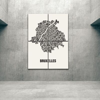 Buchstabenort Bruxelles Brüssel Schwarz auf Naturweiß - 140x200cm-als-4-teiliger-keilrahmen