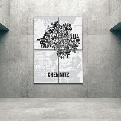 Buchstabenort Chemnitz Nischel vor Parteisäge - 140x200cm-als-4-teiliger-keilrahmen