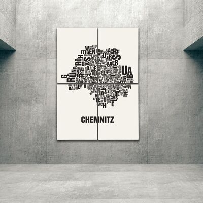 Buchstabenort Chemnitz Schwarz auf Naturweiß - 140x200cm-als-4-teiliger-keilrahmen