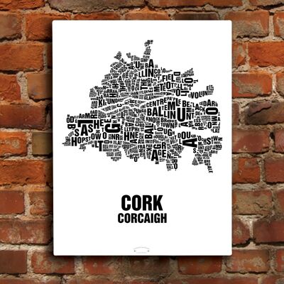 Luogo delle lettere Cork Corcaigh Nero su bianco naturale - 40x50cm-tela-su-barella