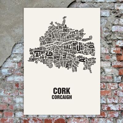 Letter location Cork Corcaigh Black on Natural White - 50x70cm handmade screenprint