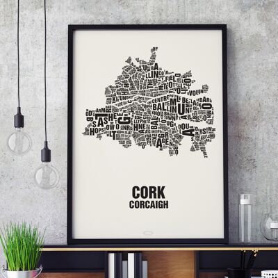 Lettre emplacement Cork Corcaigh Noir sur blanc naturel - 50x70cm-sérigraphié-encadré