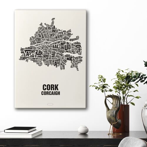 Buchstabenort Cork Corcaigh Schwarz auf Naturweiß - 50x70cm-leinwand-auf-keilrahmen