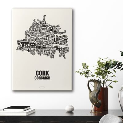 Luogo delle lettere Cork Corcaigh Nero su bianco naturale - 50x70cm-tela-su-barella
