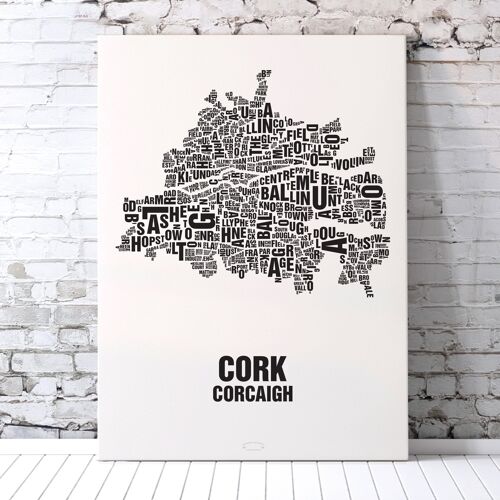 Buchstabenort Cork Corcaigh Schwarz auf Naturweiß - 70x100cm-leinwand-auf-keilrahmen