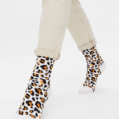 Calcetines orgánicos con estampado de leopardo - Calcetines blancos con estampado animal, leopardo