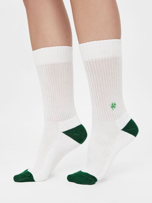 Bio-Socken mit Kleeblatt - Weiße Tennissocken mit gesticktem Kleeblatt, Lucky