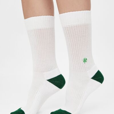 Organic Clover Socks - White tennis socks with embroidered clover leaf, Lucky