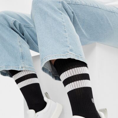Organic Socks Retro Style - Black tennis socks with stripes and embroidered logo