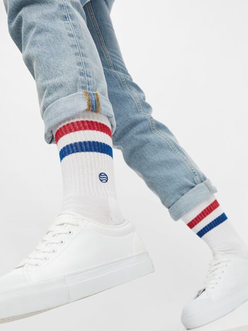 Bio-Socken Retro - Sportliche weiße Tennissocken mit Streifen und Logo