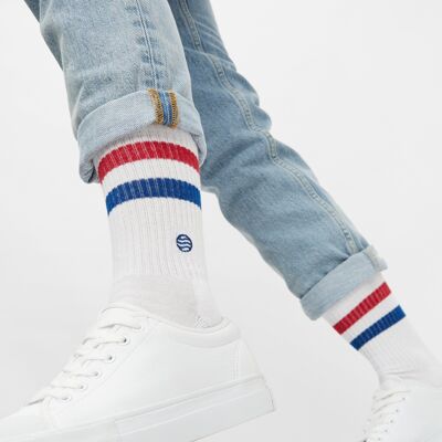 Bio-Socken Retro - Sportliche weiße Tennissocken mit Streifen und Logo