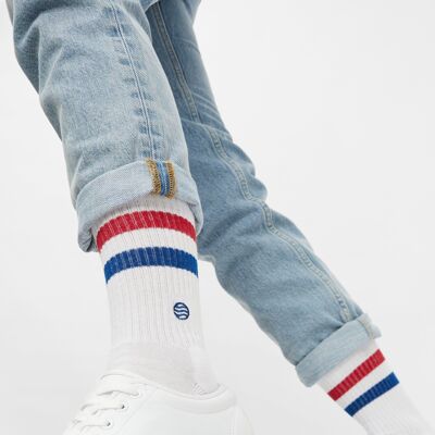Bio-Socken Retro - Sportliche weiße Tennissocken mit Streifen und Logo