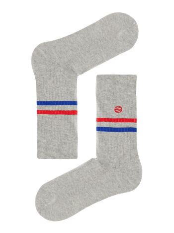 Chaussettes côtelées bio - Chaussettes de tennis grises à rayures et logo 3