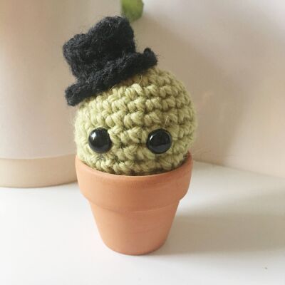Short top hat wearing vegan crochet cactus.