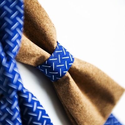 Alcé- noeud papillon liège uni et coton à motif bâtonnet – bleu et blanc