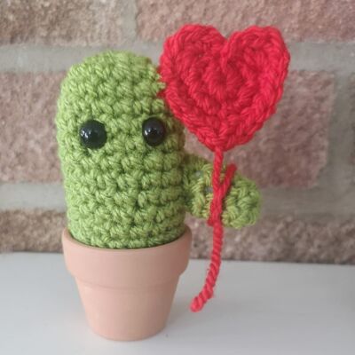 Balloon babe - Vegan crochet Valentine/ Galentine cactus holding a red heart balloon