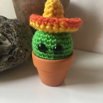Vegan Crochet Cactus wearing a fetching sombrero Ideal desk plant or thank you gift, or birthday gift for him
