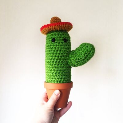 Cactus decor crochet plushie kawaii character in bright green with a crochet sombrero and a terracotta pot. Made from vegan friendly wool.