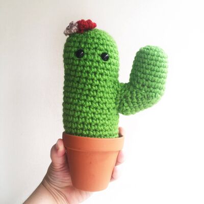 Large crochet cactus plushie kawaii character in bright green with crochet flowers and a terracotta pot