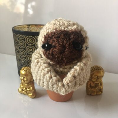 Vegan crochet sloth plushie in a terracotta pot