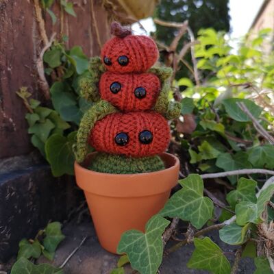 Trio of autumn crochet pumpkin pals in a terracotta pot